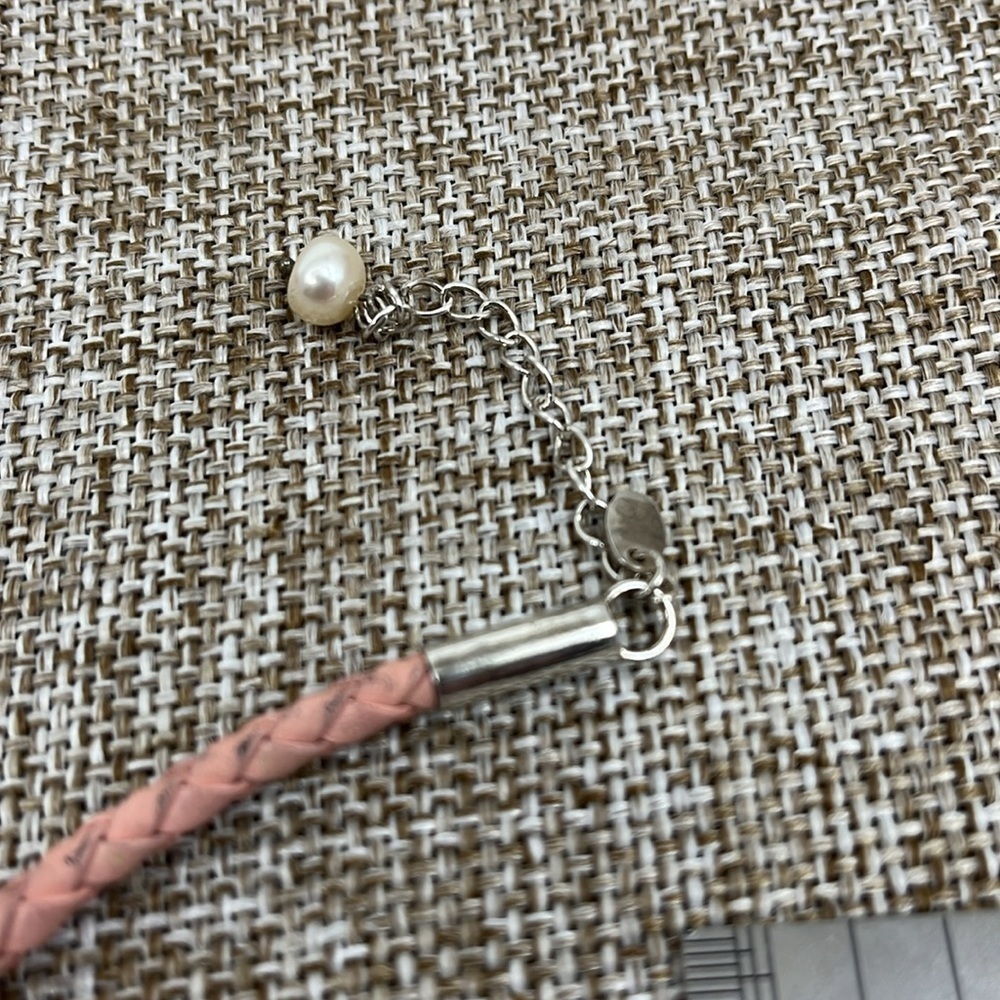 Vintage Pearl & Sterling Silver Pink Genuine Leather Necklace 16" Adjustable - Picture 8 of 11